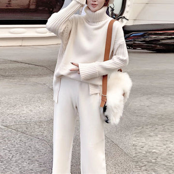 Getadme Autumn Winter 2 Pieces Women Sets Knitted Tracksuit New Turtleneck Sweater and Wide Leg Jogging Pant Pullover Suits